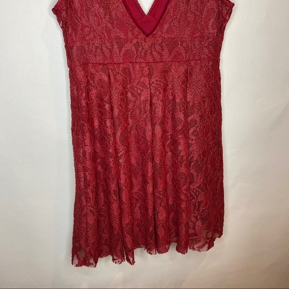 Free People Red ❤️ Lace V-neck Dress with Shimmer - Picture 7 of 13